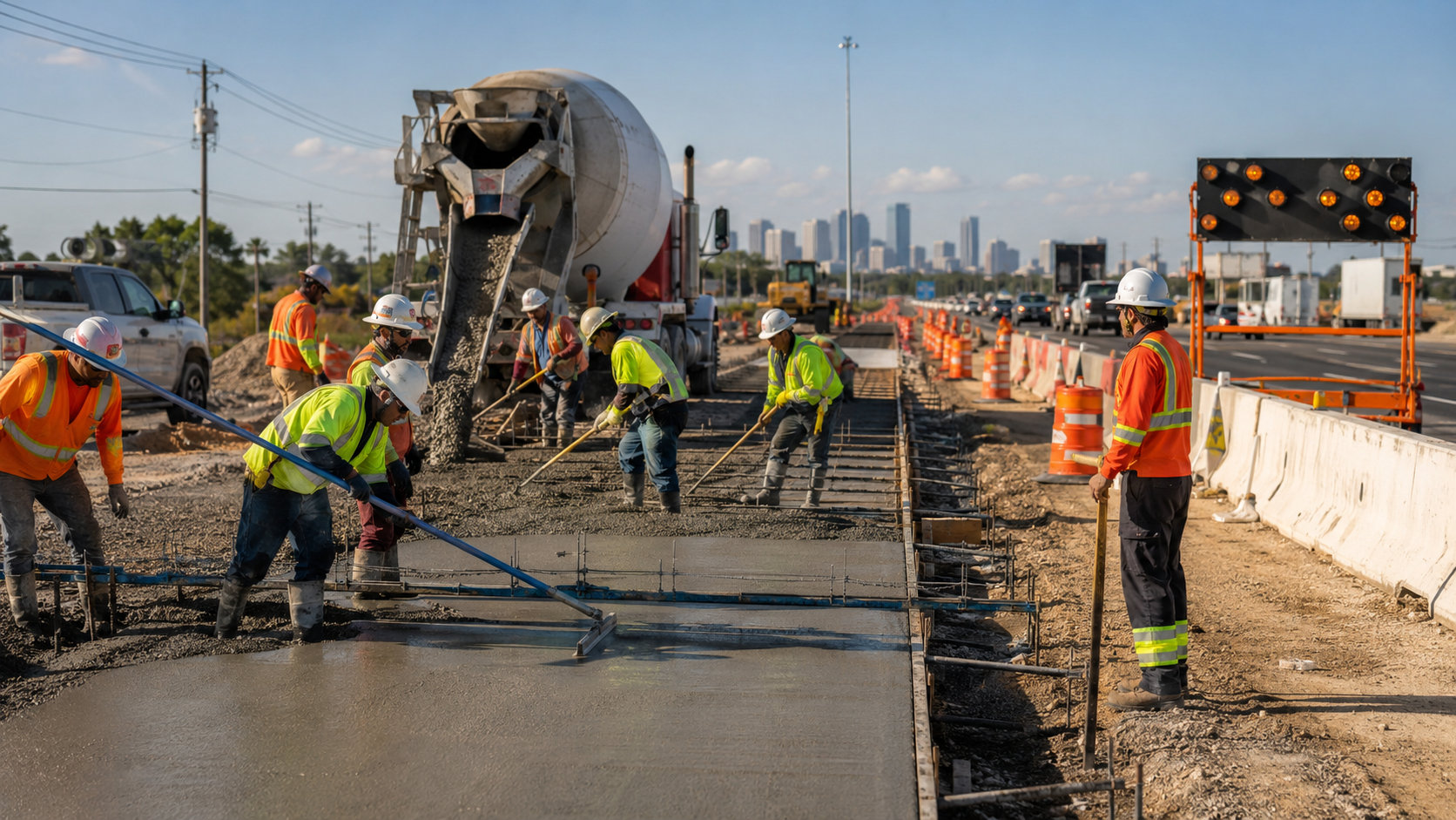 Road construction crew completing concrete paving work
