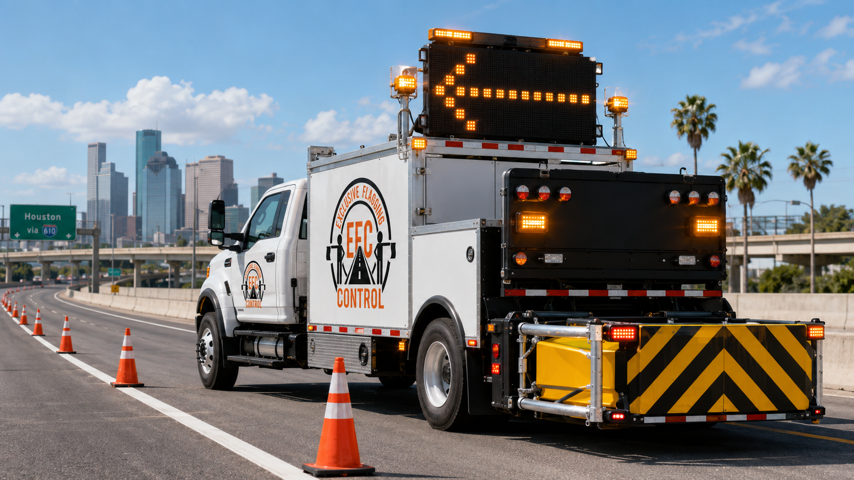 Exclusive Flagging Control crash attenuator truck protecting a highway work zone