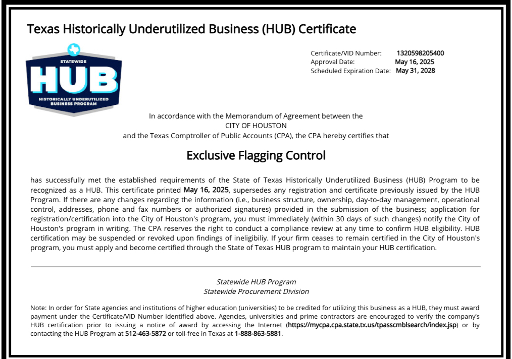 Historically Underutilized Business certificate for Exclusive Flagging Control