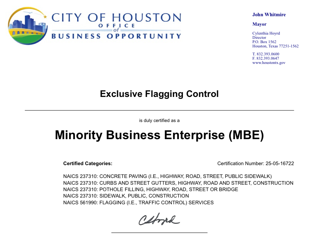 Minority Business Enterprise certificate for Exclusive Flagging Control