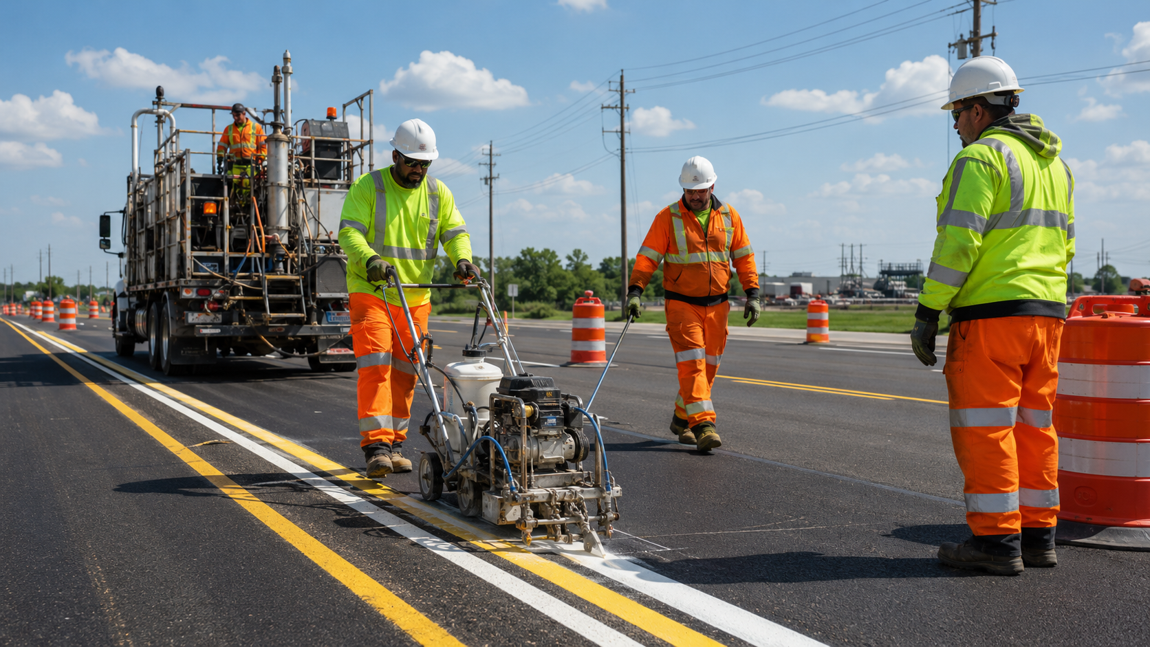 Road striping crew applying pavement markings
