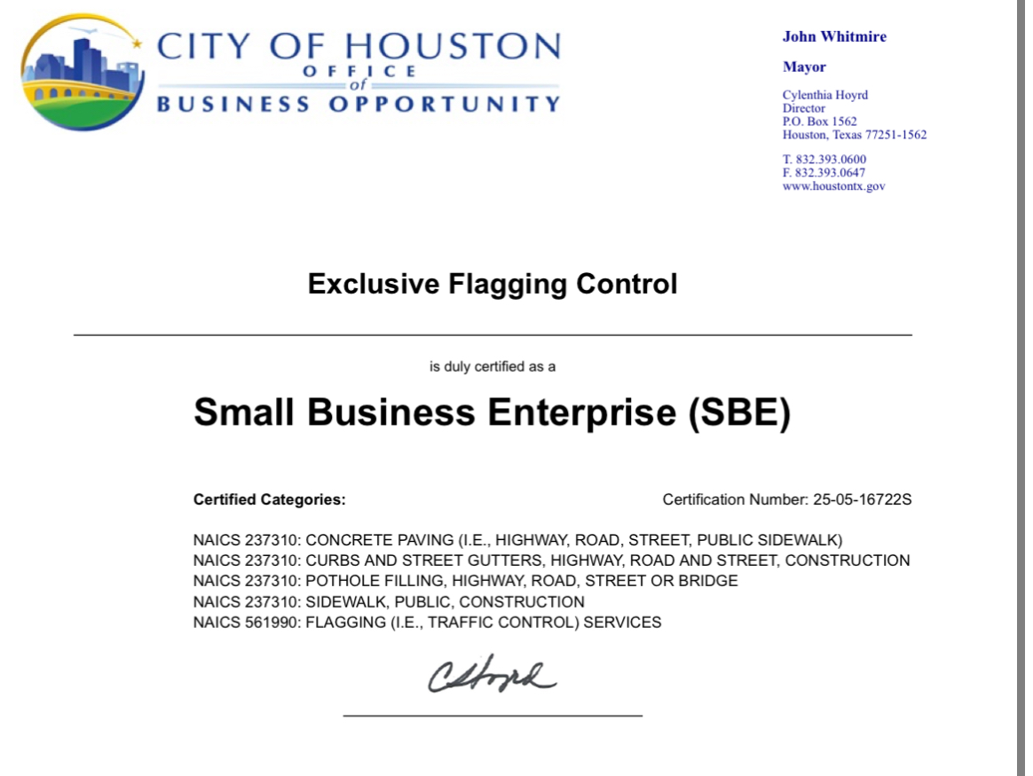 Small Business Enterprise certificate for Exclusive Flagging Control