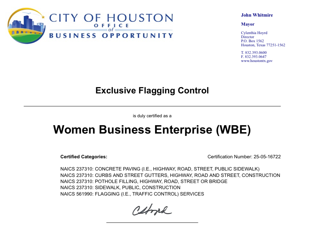 Woman Business Enterprise certificate for Exclusive Flagging Control